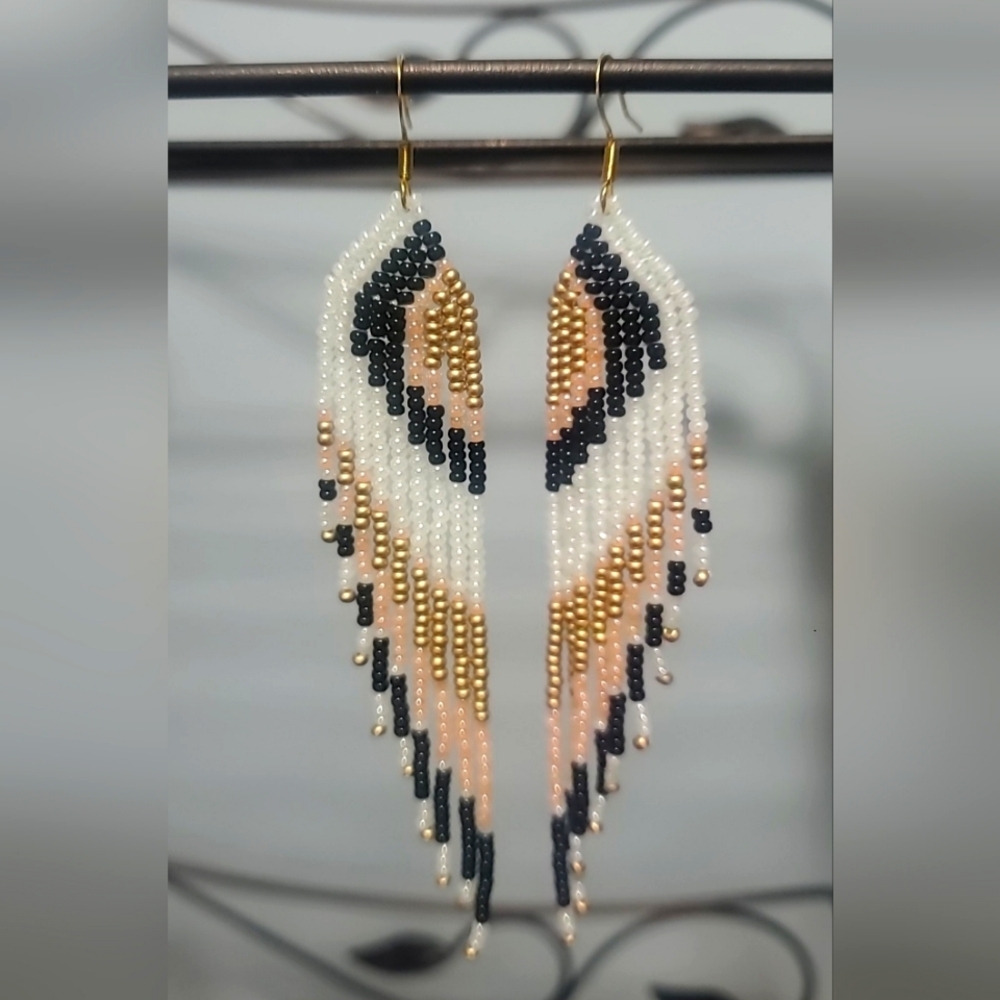 Handmade Czech Glass Bead Fringe Earrings Angel Wings 4 1/2"